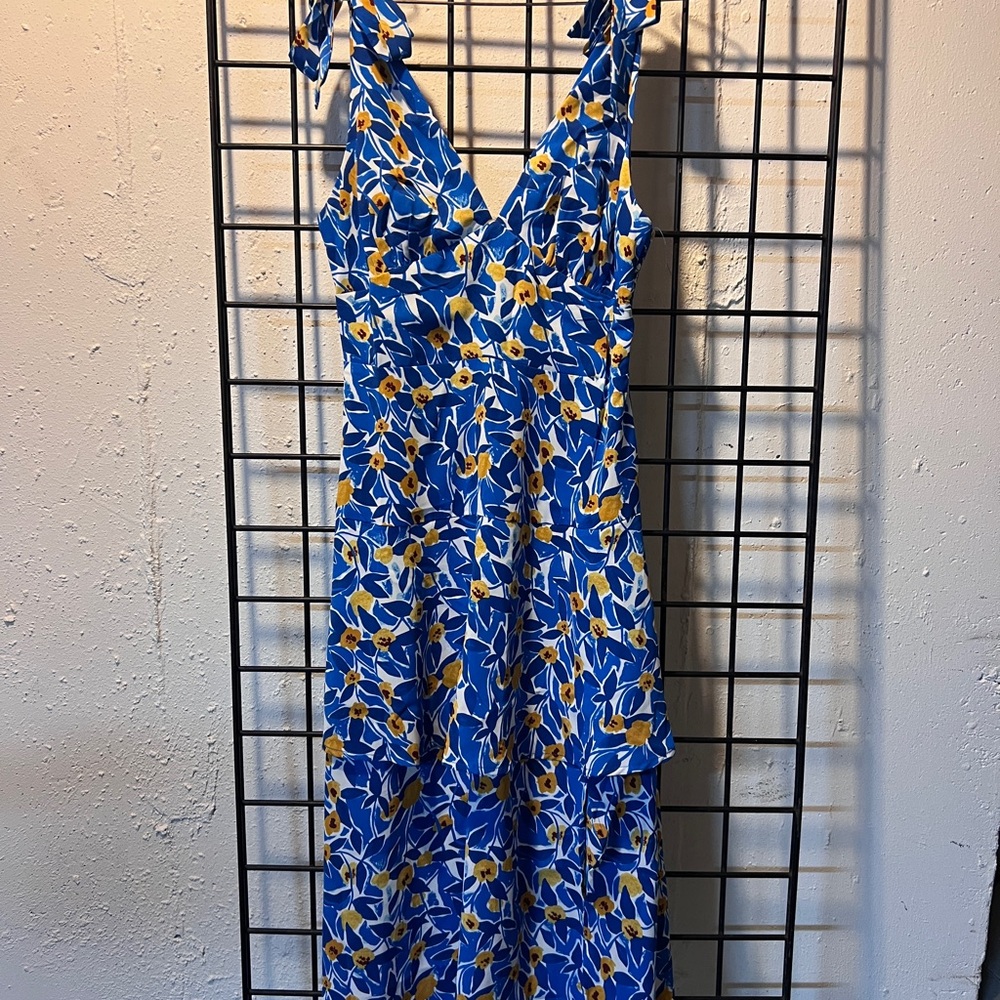 Lush Blue Floral Midi Dress with Yellow Accents